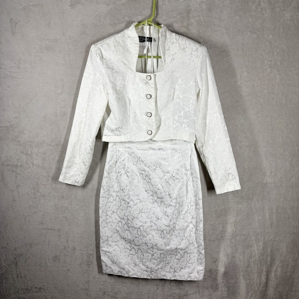 Vintage 90s White Floral Brocade 2 Piece Dress Formal Church Suit Retro Bridal